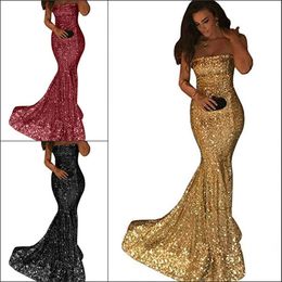 Sexy Mermaid Sequins Bling Prom Dresses Strapless Sleeveless African Formal Party Black Girl Evening Gowns Guest Wear Robe De Soiree