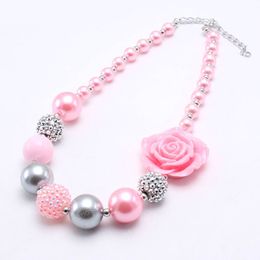 Girls Chunky Bubblegum Beads Necklace Pink Flower Baby Kids Necklaces Pearl Choker jewelry for children Party Gift