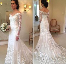 Mermaid Wedding Dresses Cheap Full Lace Applique V Neck Cap Long Sleeve Illusion Plus Size Court Train Custom Off Shoulder Bridal Gowns