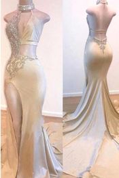 Elegant Halter Satin Split Mermaid Prom Dresses 2020 Lace Applique Beaded Ruched Backless Long Elegant Formal Party Evening Gowns BC3977