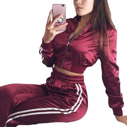 2018 Sexy Two Piece Set Women's Tracksuits Zipper Crop Top and Pants Casual Satin Womens Sporting Suit Outfits Tailleur Femme1