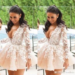 Sexy Deep V Neck Short Mini Cocktail Dresses Long Sleeve Lace Applique Above Knee Short Prom Dress Formal Party Evening Gowns
