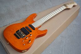 Factory Maple Fretboard Electric Guitar,24 Nothing Inlay,Orange Body,Golden Hardwares, HH Pickup,Folyd Rose,can be customized.