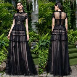 Sexy Black Party Gown High-neck Sleeveless Sequins Appliqued Lace Beads Evening Dress Ruched Tulle Dot Sweep Train Homecoming Dress