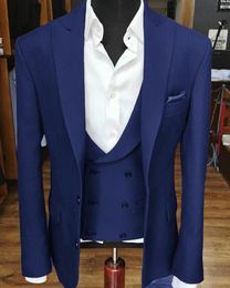 Brand New Groomsmen Peak Lapel Groom Tuxedos Navy Blue Men Suits Wedding/Prom/Dinner Best Man Blazer ( Jacket+Pants+Tie+Vest) G252