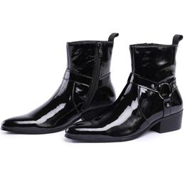 British Style Black Mens Boots Patent Leather Ankle Boots Pointed Toe Motorcycle Boots With Buckle