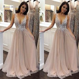 2019 A-line V-neck Evening Dress Tulle Sleeveless Appliques and Beads  Custom Made Hot Sales Girls Occasion Dress