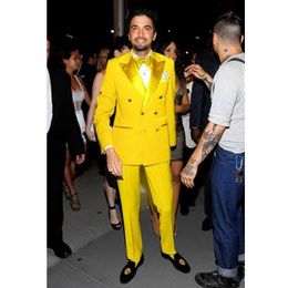 Brand New Yellow Men Wedding Tuxedos Double-Breasted Groom Tuxedos Excellent Men Blazer Suit Prom/Dinner Jacket(Jacket+Pants+Tie) 2612