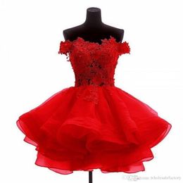 2020 Red Lace Short Homecoming Dresses Cheap Off The Shoulder Organza Ruffles Beaded A Line Appliques Formal Beaded Prom Party Dresses
