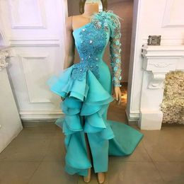 Chic Beaded Mermaid Side Split Prom Dresses One Shoulder Lace Appliqued Long Sleeve Formal Dress Sweep Train Satin Ruffled Evening Gowns