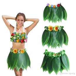 -Costume férias havaiana Artificial folhas verdes tropicais Flor saia de Hula Dança Saias do partido do miúdo Adulto Hawaii Grass Skirt Beach 5 cores
