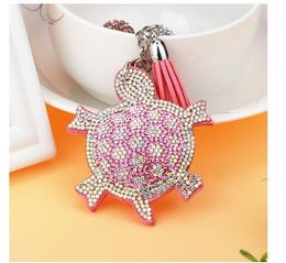 10pcs/Lot Unisex Style Leather Turtle Keychain Woman Man Cartoon Tortoise Key Chain Rhinestone Turtel Tassel Key Ring Free Shipping