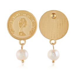 Wholesale-New European and American Retro Personal Coin English Letter Earrings Face Portrait Freshwater Pearl Earrings