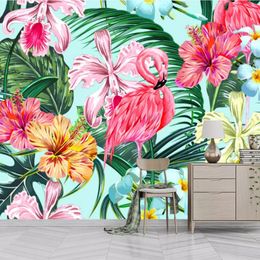 Custom 3D Wall Mural Tropical Plant Leaf Pink Flowers And Birds Photo Wallpaper Living Room Dining Rooom Papel De Parede 3D Sala