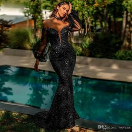 Brilliant Black Sequined Mermaid Evening Dresses Off Shoulder Long Illusion Sleeve Sweep Train Formal Gown Plus Size Evening Wear Vestidos