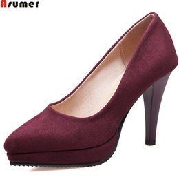 ASUMER black wine red 2018 spring autumn ladies pumps pointed toe shallow elegant dress shoes women high heels shoes size 43