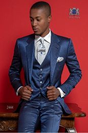 Brand New Groom Tuxedos Blue Strips Men Wedding Tuxedos Fashion Men Business Dinner Prom Blazer 3 Piece Suit(Jacket+Pants+Tie+Vest) 1268