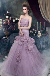 Mermaid Long Lilac Wedding Dresses 2019 New Arrival Strapless Flowers Tulle Women Non White Vintage Colourful Bridal Gowns Custom Made