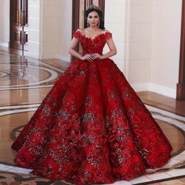 Red Off Shoulder Sequined Ball Gown Prom Dresses Dubai African Flowers Applique Plus Size Formal Evening Dress Quinceanera Pageant Gowns