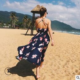 Fashion-2018 new trend top summer women V-neck dress high quality floral printed dress with backless ladies bandages beach dress