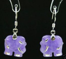 FREE SHIPPING + charm purple natural stone carved elephant danggle earring