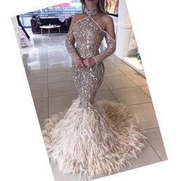 Luxury Beading Feather Sexual Mermaid Prom Dress Middle East Arabia Lady Prom Event Party Wear Custom Made Long Sleeves Maxi Gowns Vestidos