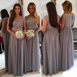 Elegant Long Grey Bridesmaid Dresses Jewel Neck Capped Sleeves A-line Floor-length Chiffon Maid of Honour Dress Plus Size Formal Gown BD8986