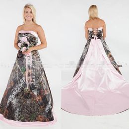 Glamouröse Camo A-Linie Brautkleider, rosa Satin, trägerlose Brautkleider, formelles Partykleid mit Schnürung