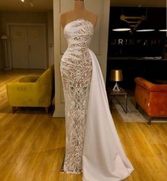 Evening dress Yousef aljasmi Women dress Kim kardashian Strapless With train Lace White Appliques Long Satin Pleat