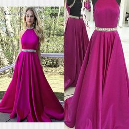 dresses for graduation day UK - 2020 A Line Fuchsia Halter Beaded Backless Sleeveless Formal Sexy Evening Dresses Prom Dress Party Wear