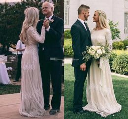 Sleeves Country Long Dresses Scalloped Neckline Lace Applique Sweep Train Custom Made A Line Wedding Bridal Gown Plus Size