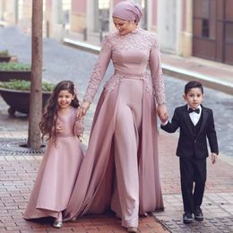 Dusty Pink Muslim Evening Dresses with Detachable Train High Neck Beaded Formal Jumpsuits Dubai Saudi Arabic Prom Gowns