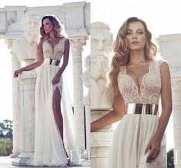 New Julie Vino lace Wedding Dresses with Cap Sleeves gold sash and Plunging Neck high waist front slit beach wedding gowns bridal gowns