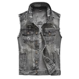 Idopy Men Hi Street Destroyed Denim Vests With Holes Ripped Sleeveless Jean Jacket Male Distressed Waistcoat Plus Size M-5XL