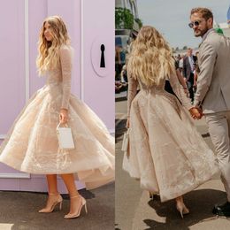2020 Modern Wedding Dresses Lace Plus Size Long Sleeve Bridal Wedding Dress Ankle Length A Line Wedding Gowns