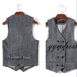 Double Breasted Gary Groom Vest Slim Fit Wool Herringbone Tweed Vests Wedding Waistcoat Prom Wear for man