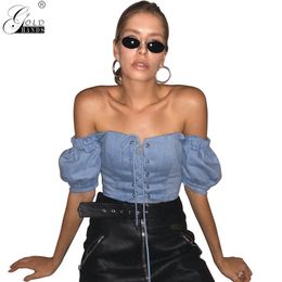 Gold Hands Fashion Denim Lace Up Blouse Puff Sleeve Bandage Womens Tops Shirts 2019 Summer Sexy Slash Neck Blouses Woman