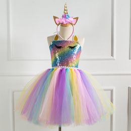 Girls Princess Dress Up Children Sequin Top Rainbow Tulle Tutu Dress Kids Party Cosplay Costumes