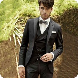 High Quality One Button Black Groom Tuxedos Peak Lapel Men Suits Wedding/Prom/Dinner Best Man Blazer (Jacket+Pants+Vest+Tie) W409