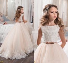 New Kids Gilrs Ball Gown Dresses Lace Applique Jewel Neck Tulle Bow Knot Sashes First Holy Communion Dress For Wedding