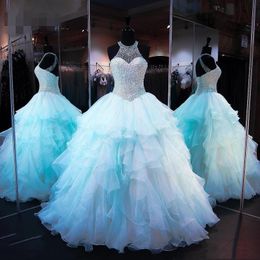 Luxury Pearls Puffy Prom Gowns crew 2020 Pretty Lush Ruffles Tiered Ball Gowns Shiny Crystal bodice Long Prom Dresses Halter Abendkleider