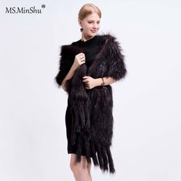 Ms.MinShu Luxury Fox Hair Shawl Real Fox Fur Wrap Winter Autumn Hand Knit Natural Fox Fur Scarf with Fringes Stole