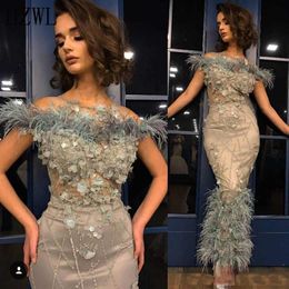 Sexy Sheath Aankle Length Prom Dresses 2020 with Feather Hand Made Flower Beading Luxurious Formal Evening Occasion Party Gowns