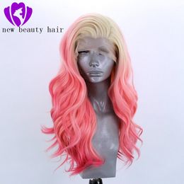 Fashion fast shipping blonde ombre pink side part right long synthetic glueless front lace wig for black woman cosplay hair wig