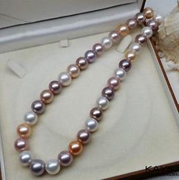 CLASSIC 9-10MM natural south sea white pink purple pearl necklace 19 inch 14k gold