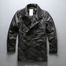 Large lapel Winter cotton warm leather jacket First layer leather the long double-breasted hunting men windbreaker AVIREXFLY leather jacket