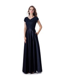 Navy Blue Lace Satin A-line Long Modest Bridesmaid Dresses With Cap Sleeves V Neck Floor Length Formal Modest Bridemaid Gowns With Pockest