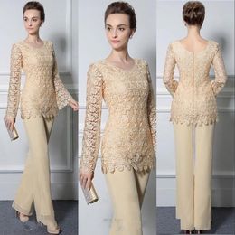 New Mother Off Bride Dresses Pant Suits Yellow Chiffon Jewel Neck Lace Long Sleeves Plus Size Two Pieces Custom Wedding Guest Evening Gowns