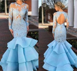 Light Blue Girls Mermaid Prom Dresses 2020 Sheer Jewel Neck Long Sleeve Lace Appliques Tiered Evening Gowns Vestido de gala