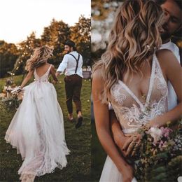boho aline wedding dresses sexy spaghetti strap sleeveless ruched appliqued lace beaded wedding gown sweep train beach robes de marie
